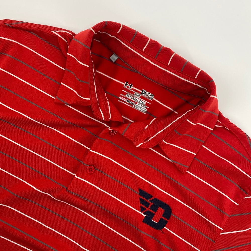 Dayton Flyers Polo Shirt Mens Small Red Under Armour Striped Heat Gear College
